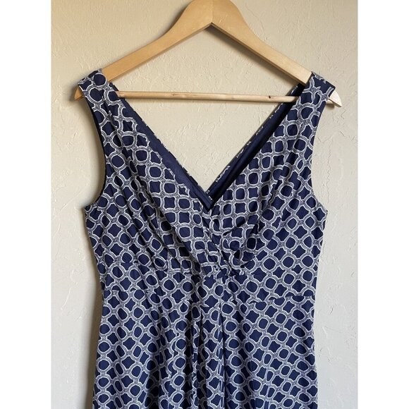 Lands End Size 12 Navy Blue Cream Abstract Geometric Cotton Knee Length Dress Sl - Picture 3 of 7